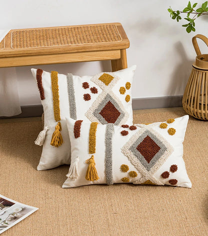 Boho Loop Tufted Cushion Cover – Handmade Cotton Canvas Pillow with Tassels & Embroidery