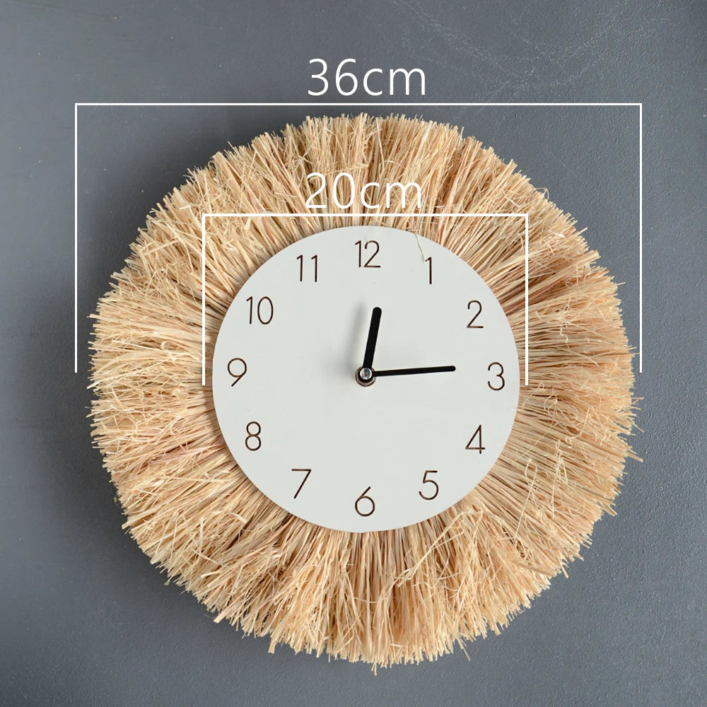 Wall clock with natural fiber rim and measurements on a gray background boho home decor, boho wall mirror, macrame wall mirror, nordic decor, romantic wedding wall decoration, housewarming gift, round straw mirror, woven wall decor, tapestry mirror, boho bedroom wall accent, rustic mirror wall hanging