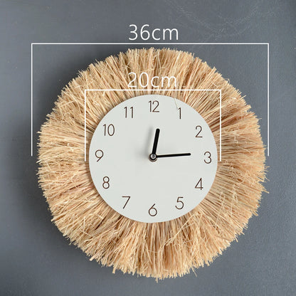 Wall clock with natural fiber rim and measurements on a gray background boho home decor, boho wall mirror, macrame wall mirror, nordic decor, romantic wedding wall decoration, housewarming gift, round straw mirror, woven wall decor, tapestry mirror, boho bedroom wall accent, rustic mirror wall hanging
