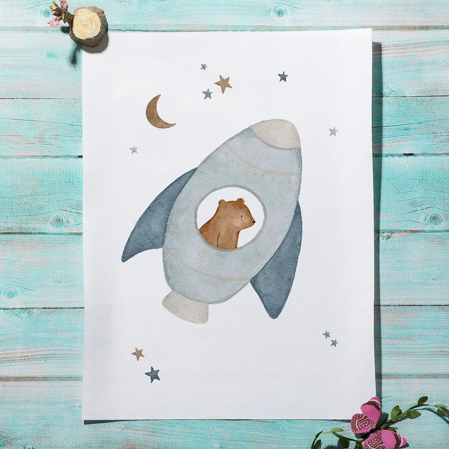 Boho Space Rocket Spaceship Bear Rabbit Hedgehog Bee Flowers Nursery Posters Wall Art Print Canvas Painting Baby Kids Room Home Decoration Sun Rainbow Hot Air Balloon 1Pc