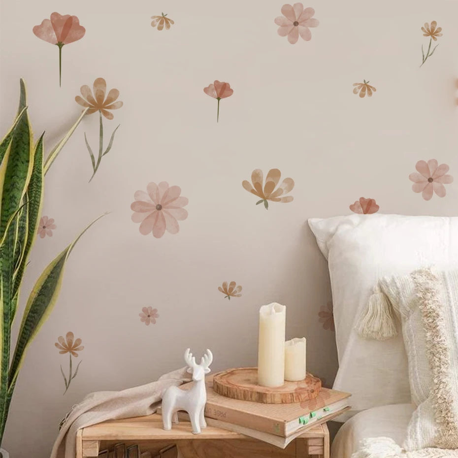 Boho Floral Leaf Wall Stickers – Removable 3D Vinyl Decals for Kids' Nursery & Home Decor - Neutral Flowers