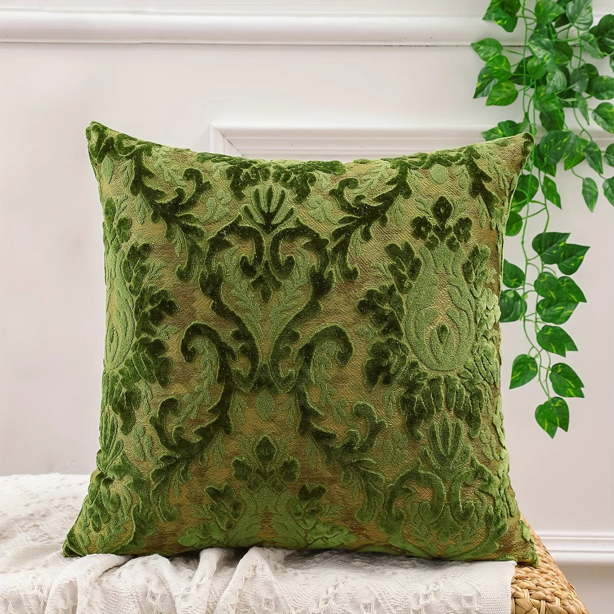 Tropical Green Leaf Chenille Cushion Cover – Jacquard Throw Pillow Cover for Boho Home Decor