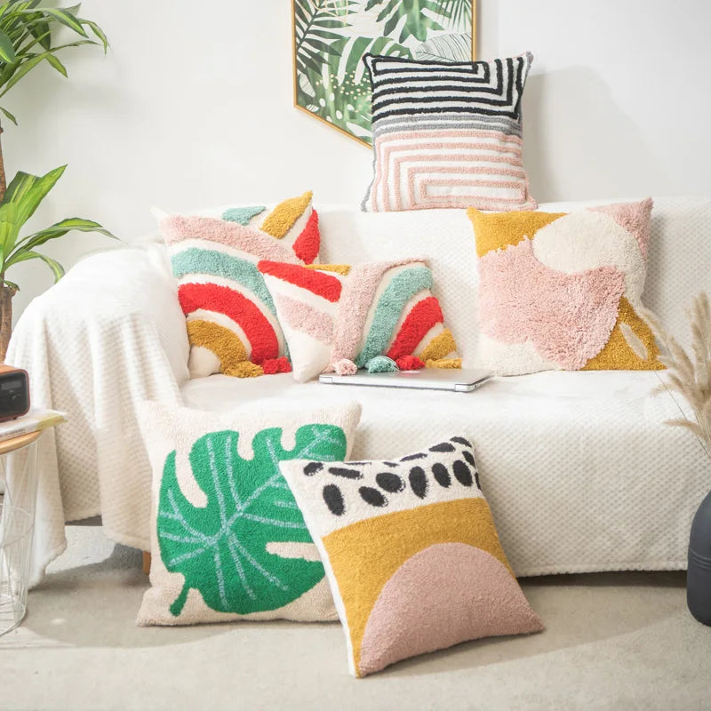 Vibrant Tufted Geometric Nature Embroidered Cushion Cover – Boho Patchwork Throw Pillow
