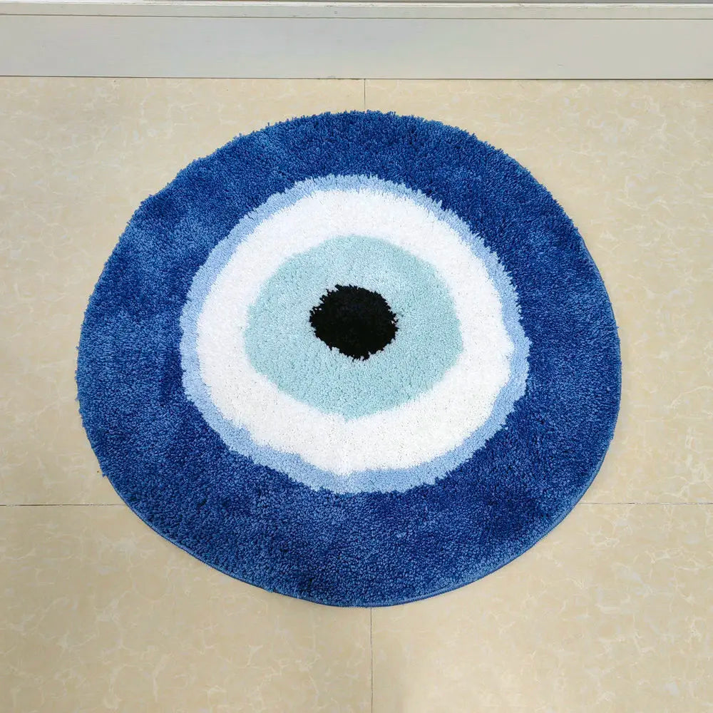 Round blue rug with concentric circles on a beige floor boho home decor, evil eye rug, tufted bathroom rug, fluffy circle rug, plush floor mat, round bath mat, anti-slip mat, dorm decor, Halloween decor, housewarming gift, bathroom accessories, bedroom rug, living room carpet