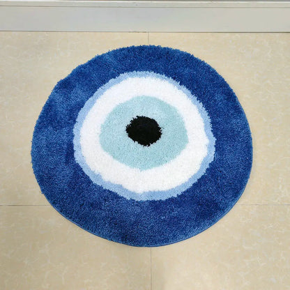 Round blue rug with concentric circles on a beige floor boho home decor, evil eye rug, tufted bathroom rug, fluffy circle rug, plush floor mat, round bath mat, anti-slip mat, dorm decor, Halloween decor, housewarming gift, bathroom accessories, bedroom rug, living room carpet