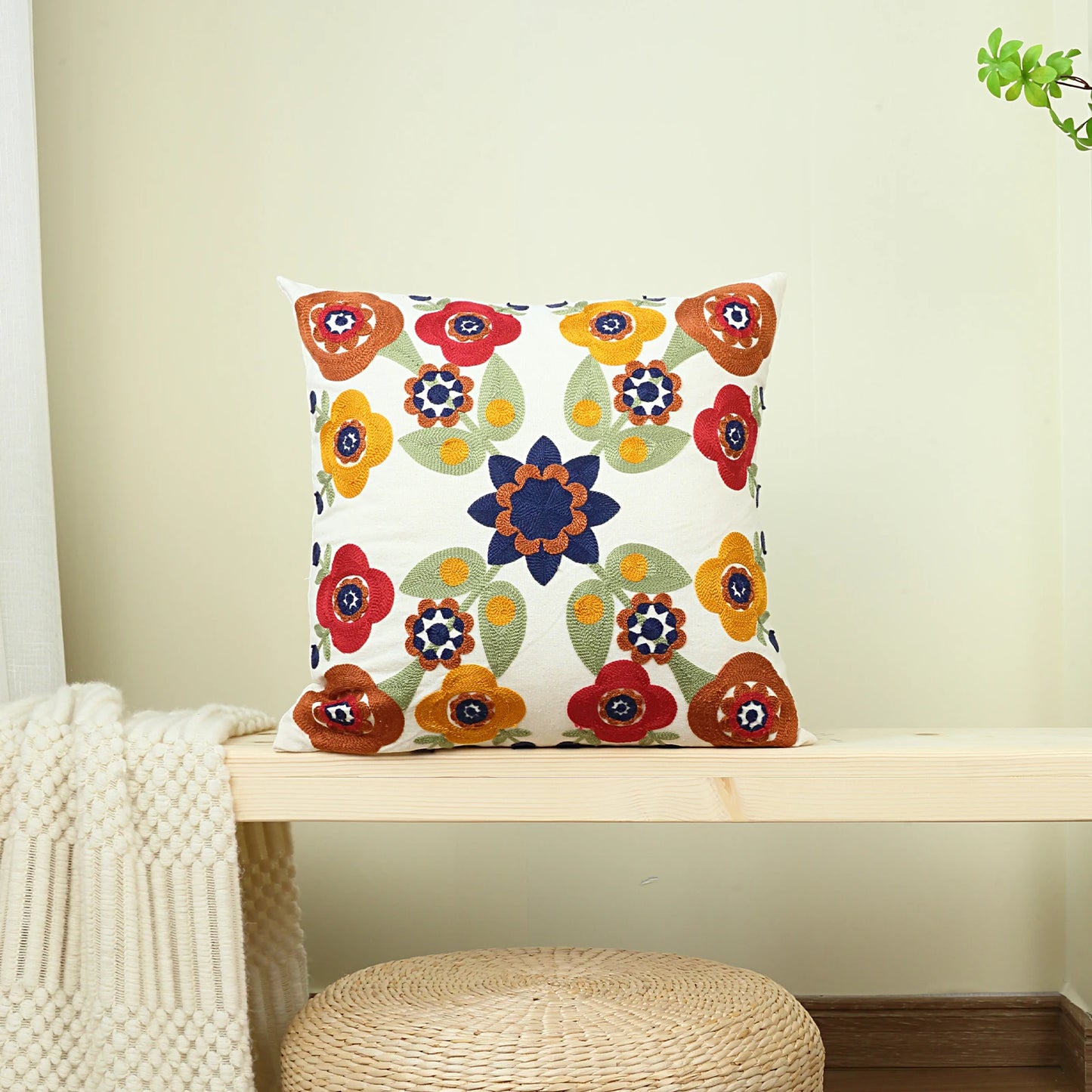 Boho Floral Embroidered Pillow Cover - Vibrant Canvas Decor