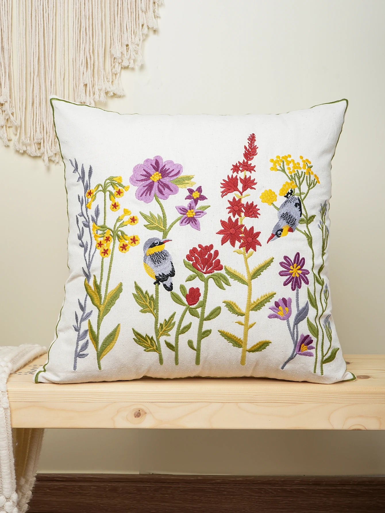 Floral Birds Embroidered Throw Pillow Cover – Boho Home Decor Accent