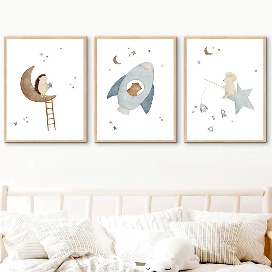 Boho Space Rocket Spaceship Bear Rabbit Hedgehog Bee Flowers Nursery Posters Wall Art Print Canvas Painting Baby Kids Room Home Decoration Sun Rainbow Hot Air Balloon 1Pc