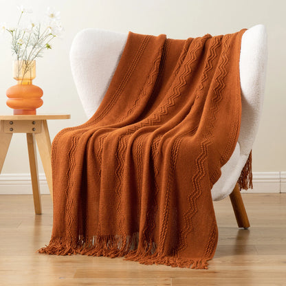 Boho Knit Throw Blanket – Soft Lightweight Acrylic Blanket with Tassels