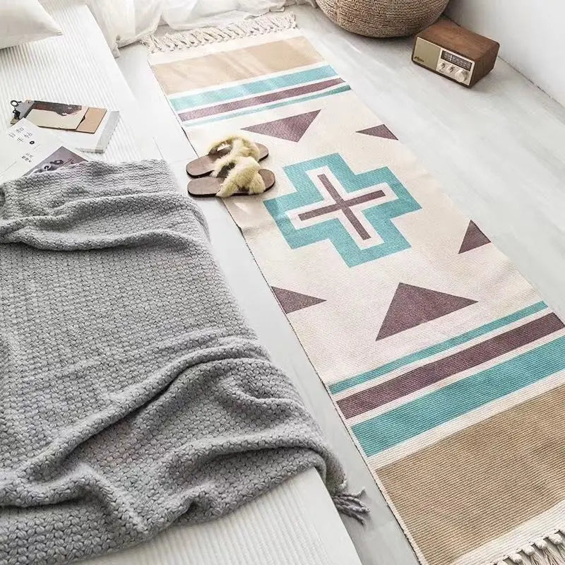 Boho Cotton Woven Geometric Rug – Anti-Slip Floor Mat for Living Room, Bedroom & Entryway