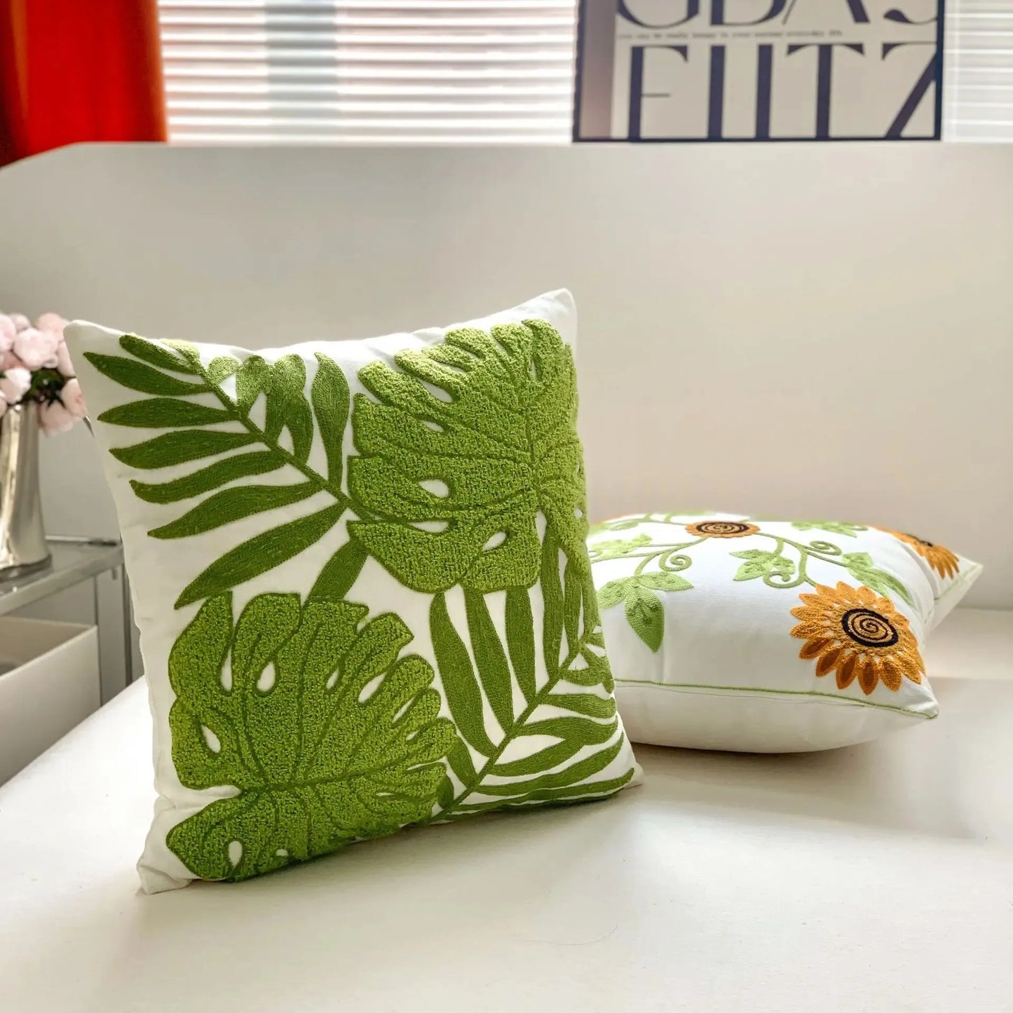 Flower Embroidered Plush Throw Pillow Cover – Minimalist Boho Cushion for Sofa, Bed, or Chair | 18x18 Inch | Garden-Inspired Housewarming Gift