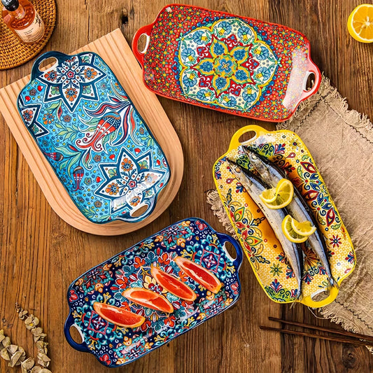 Boho Ceramic Fish Dish with Handle – Rectangular Serving Tray for Oven & Microwave