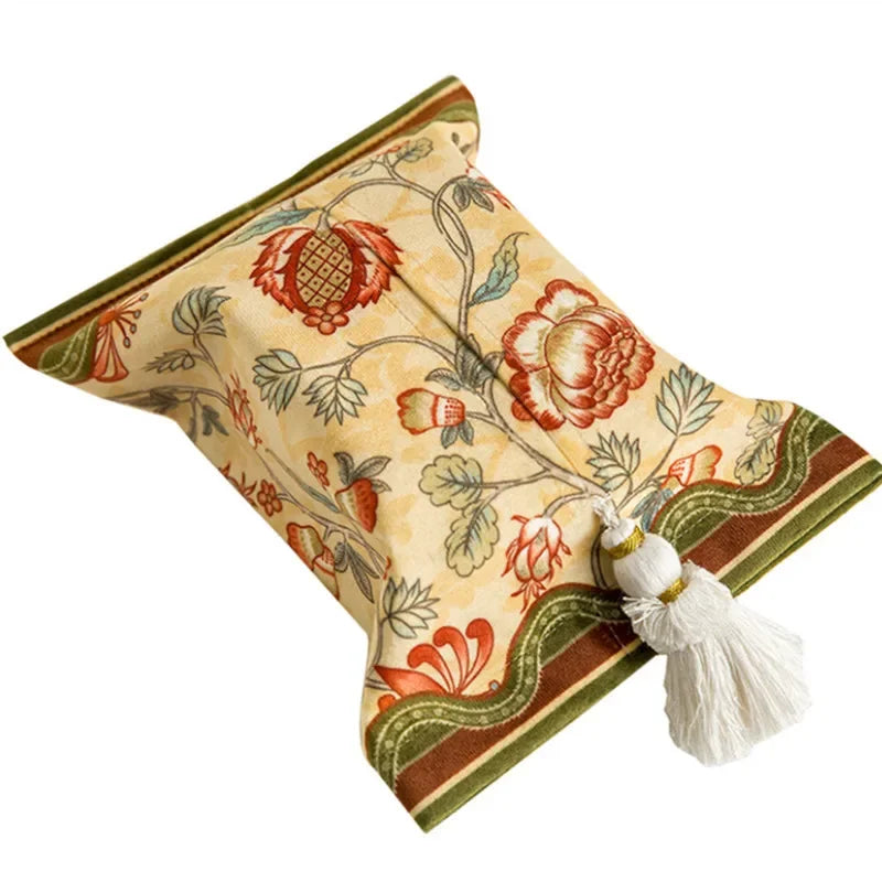 Decorative table runner with floral patterns and a tassel on a white background boho home decor, reusable tissue bag, cotton tassel tissue holder, plush tissue organizer, bathroom tissue box cover, car tissue case, American style tissue pouch, soft fabric tissue holder, decorative tissue box, housewarming gift, eco-friendly storage