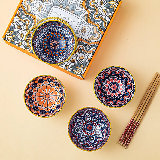 Bohemian Ceramic Tableware Household Gift Blue and White Porcelain Chopsticks Bowl Set Gift Box Boho Mandala Bowls