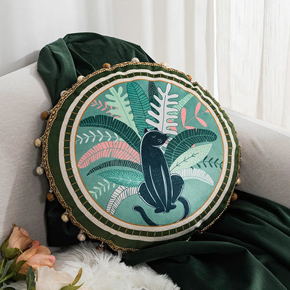 Velvet Circle Panther Leaf Patterned Pillow Cover – Soft Decorative Cushion Cover