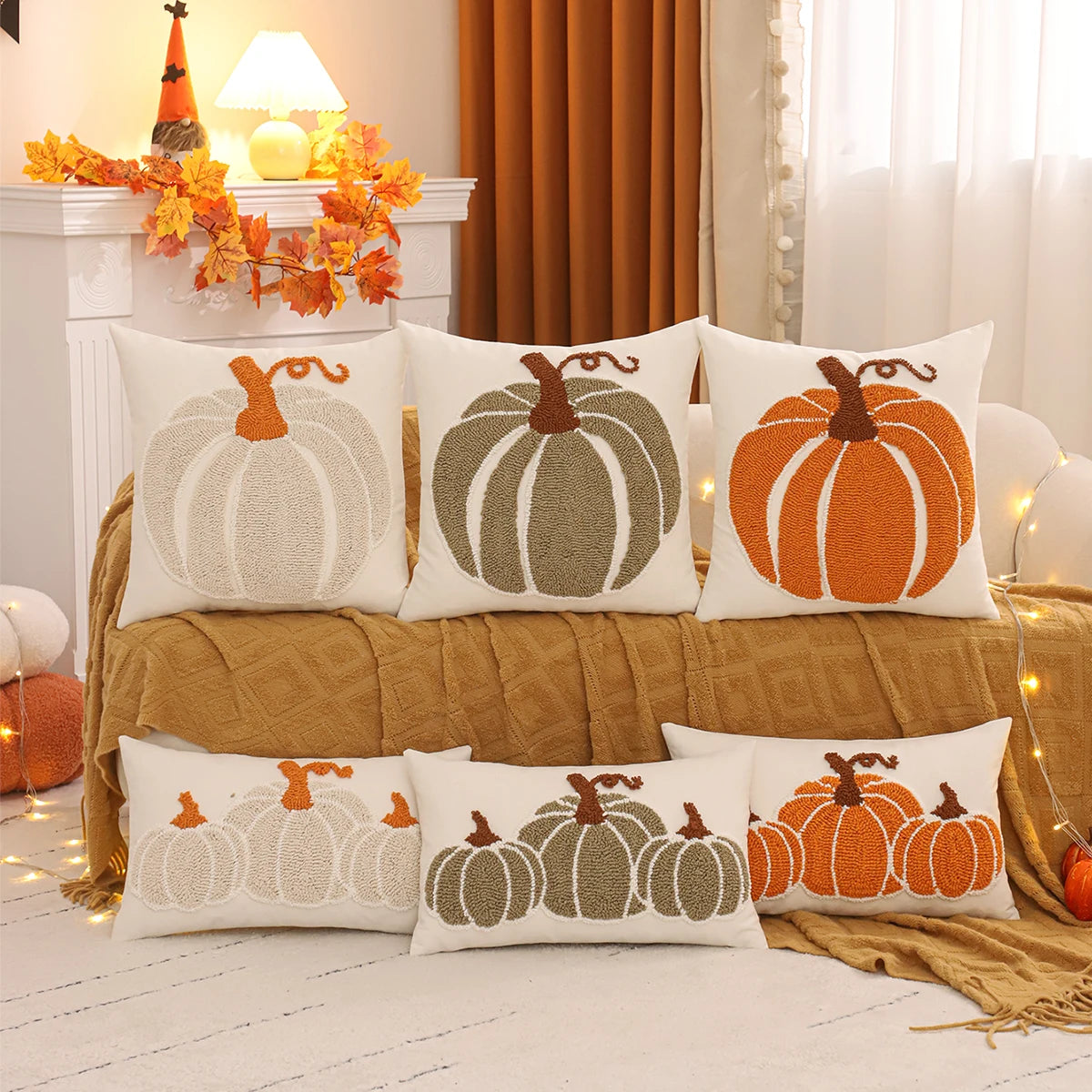 Decorative pillows with pumpkin patterns on a couch, surrounded by autumn-themed decor. Tufted Halloween pumpkin pillow cover autumn decorative cushion