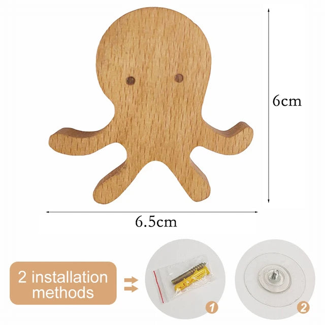 Cute Wooden Animal Wood Wall Hook – Beech Wood Decorative Hanger for Kids Rooms, Entryways, Kitchens & More (1pc)  Giraffee Rabbit Hippo Cat Octopus Lion Cat Dog Elephant Dog Nursery
