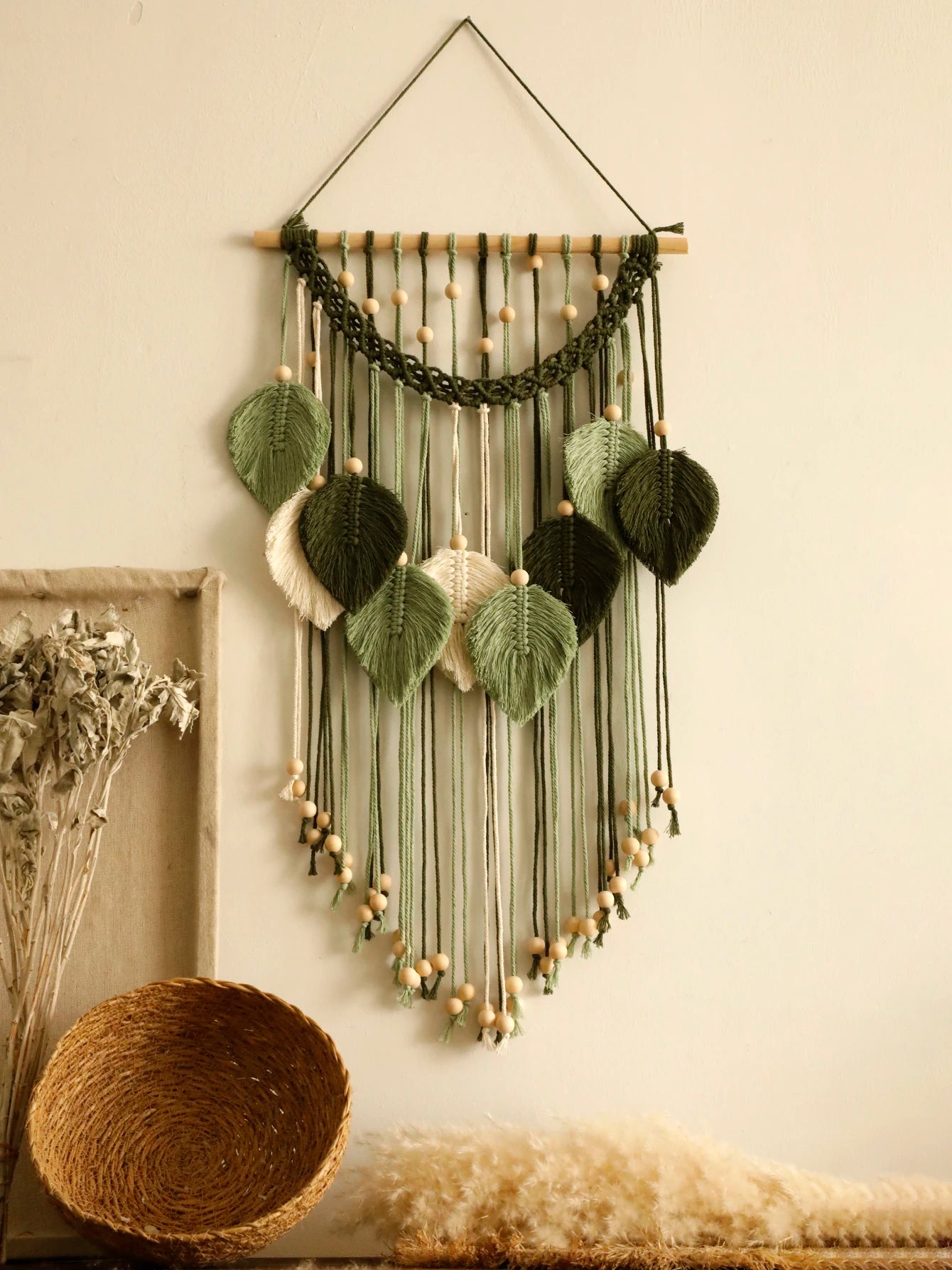 Leaf Macrame Wall Tapestry – Boho Cotton Wall Hanging in Green or Brown