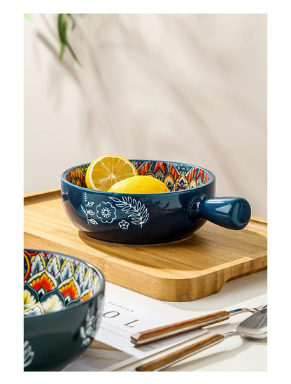 Bohemian Ceramic Single Handle Bowl – Artistic Bowl for Soups, Noodles & More