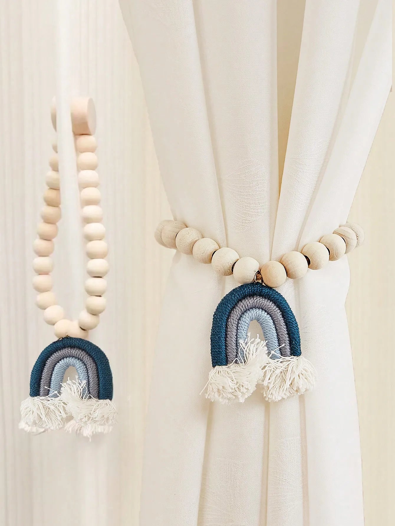 Magnetic Rainbow Macrame Curtain Tiebacks – Wooden Bead & Hemp Rope Holdbacks for Boho Home Decor