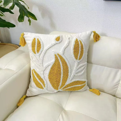 Decorative pillow with yellow leaf pattern and tassels on a white sofa boho home decor, housewarming gift, chenille pillow cover, geometric cushion case, Nordic pillowcase, velvet throw pillow, sofa cushion, bedroom pillow cover, modern jacquard cushion, decorative car pillow, textured home decor, looped velvet pillow
