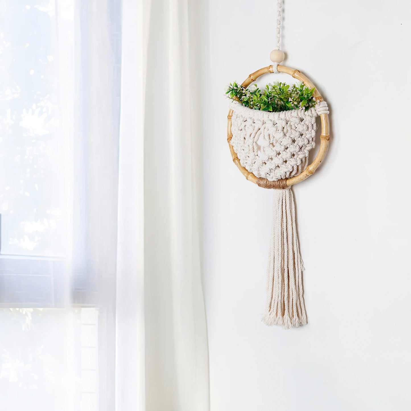 Boho Macrame Wall Hanging with Flower Pot Pocket – Handmade Nordic Round Wall Tapestry | Dorm Room & Home Decor