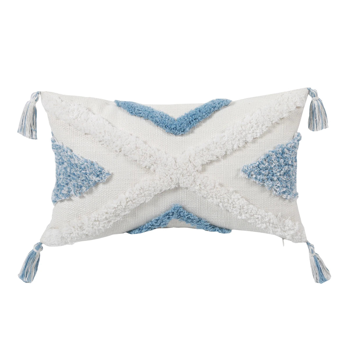 Blue Geometric Tufted Pillow Cover with Tassels – Boho Home Decor Housewarming Gift Accent for Couch, Bed & Living Room
