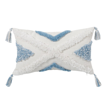 Blue Geometric Tufted Pillow Cover with Tassels – Boho Home Decor Housewarming Gift Accent for Couch, Bed & Living Room