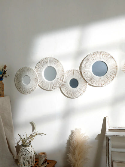 Round Wall Mirror Hanging Decorative Mirrors With Woven Hemp Rope Boho Wall Decor for Bedroom Living Room