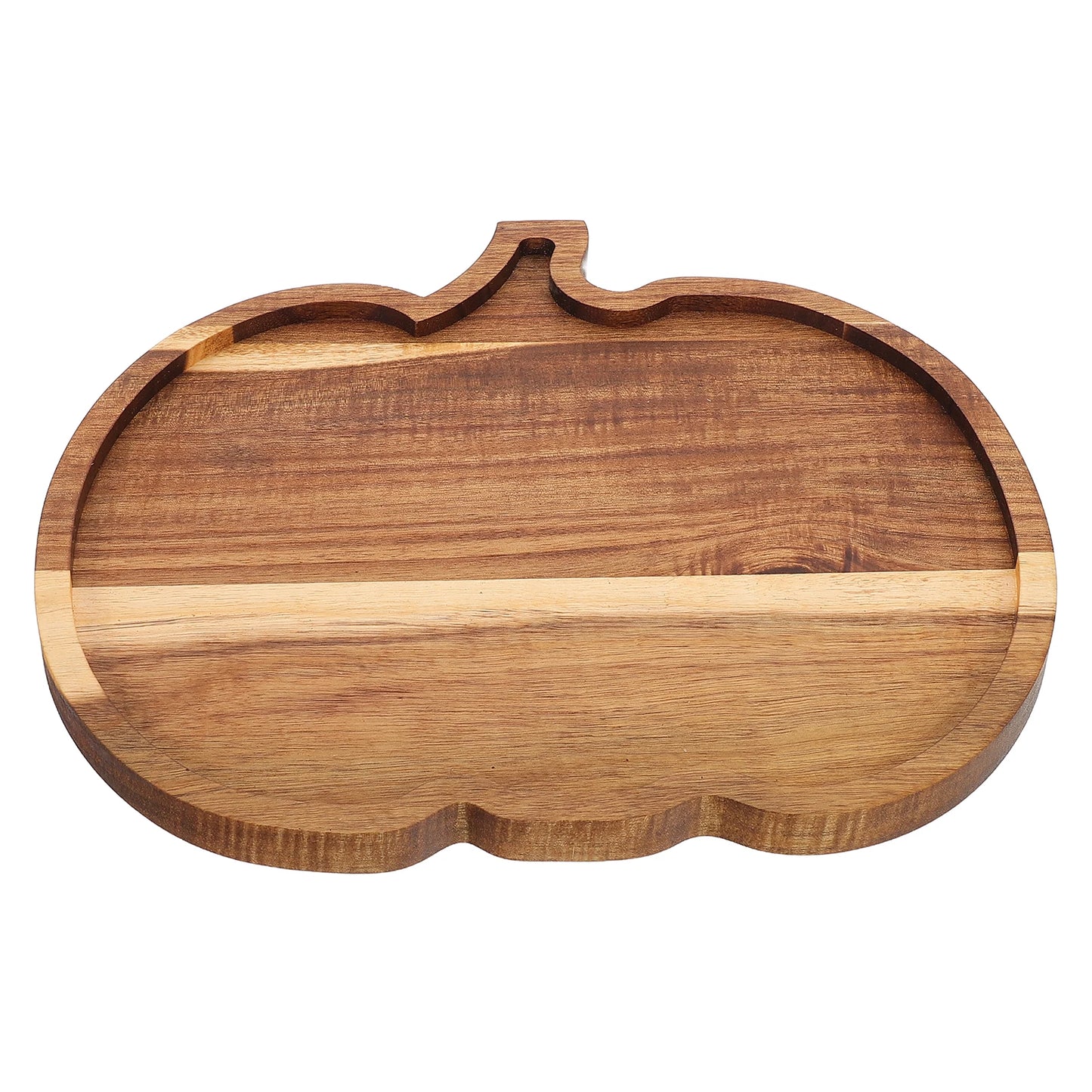Wooden cutting board shaped like a pumpkin on a white background. Rustic wooden pumpkin serving platter with natural grain, charcuterie board for Thanksgiving snacks, Halloween desserts, and fall entertaining