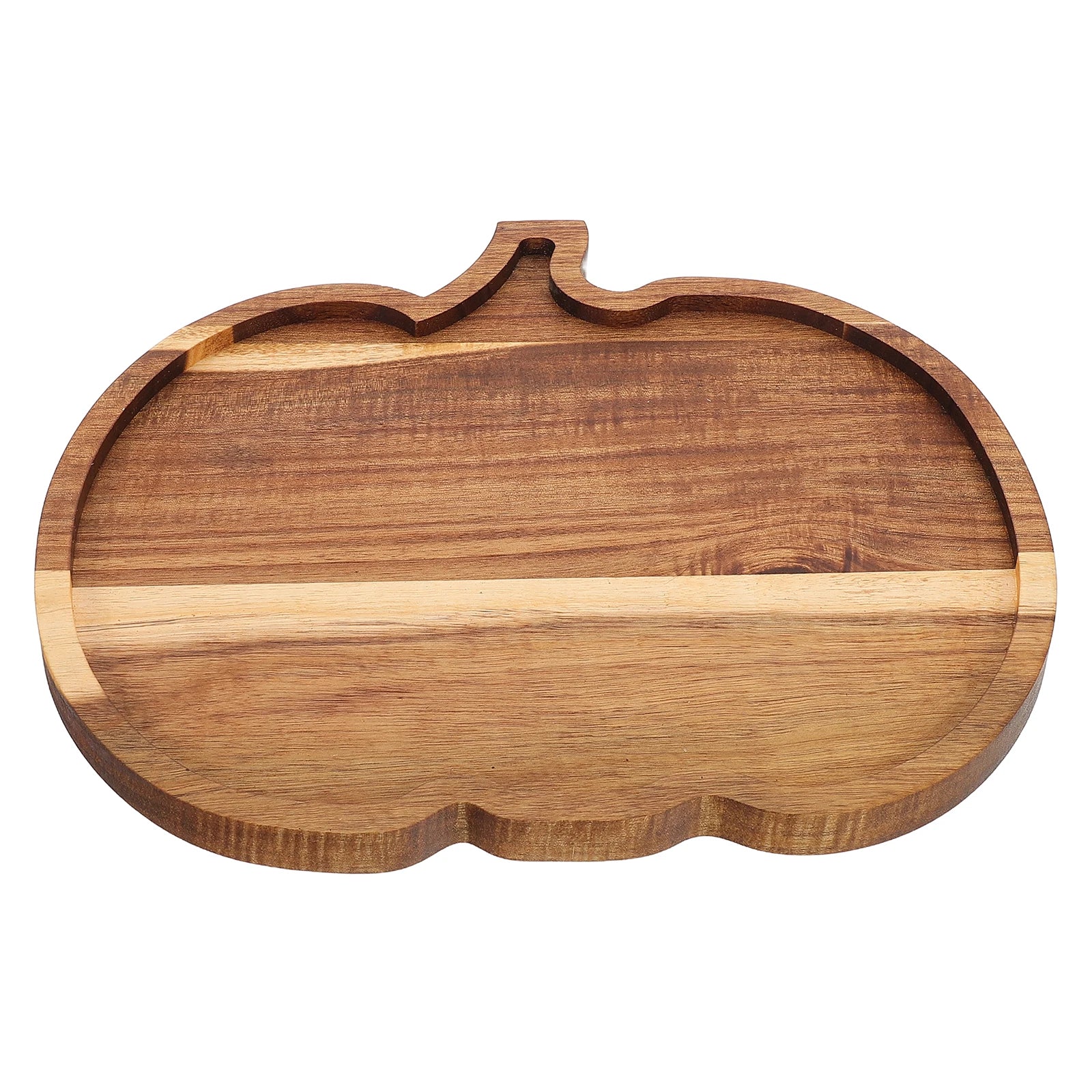 Wooden cutting board shaped like a pumpkin on a white background. Rustic wooden pumpkin serving platter with natural grain, charcuterie board for Thanksgiving snacks, Halloween desserts, and fall entertaining