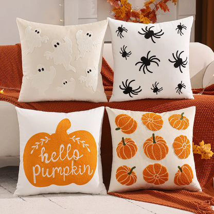 Halloween Pumpkin & Ghost Embroidered Velvet Pillow Cover – Festive Throw Cushion for Sofa, Bed & Home Decor