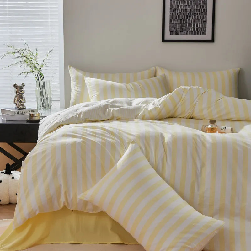 Yellow Boho Striped Microfiber Bedding Set – 4-Piece Soft & Cozy Duvet Cover Set with Pillowcases & Flat Sheet