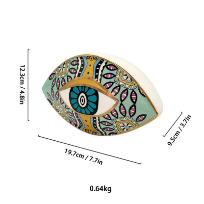 Moroccan Turkish blue evil eye ceramic figurine, unique bohemian home decor accent perfect for eclectic and boho home styles, adds soulful vibes and a cozy touch to any room, great for gifting as a boho home decor gift or housewarming present.