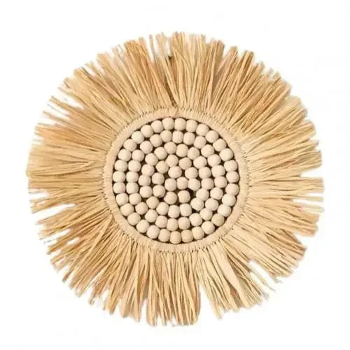 Round woven mat with fringed edges and central bead design on a white background boho home decor, boho wall mirror, macrame wall mirror, nordic decor, romantic wedding wall decoration, housewarming gift, round straw mirror, woven wall decor, tapestry mirror, boho bedroom wall accent, rustic mirror wall hanging