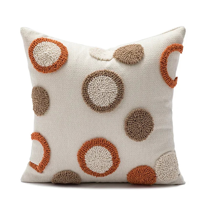 Decorative pillow with circular patterns in orange and brown on a white background Nordic blue tufted cushion cover with geometric stripe and grid crochet pattern, tassel pillow cover for sofa, bed, and boho home decor