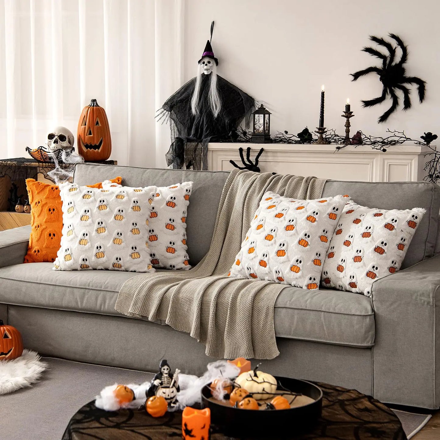 Ghost & Pumpkin Plush Faux Fur Pillow Cover – 18x18” Halloween & Fall Decor for Sofa or Bed