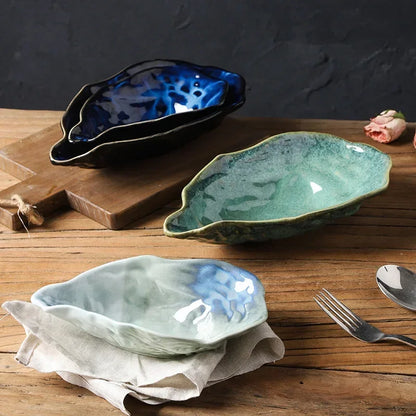 Japanese Kiln-Glazed Ceramic Oyster Dish – Irregular Shell-Shaped Plate for Dips, Dessert & Appetizers