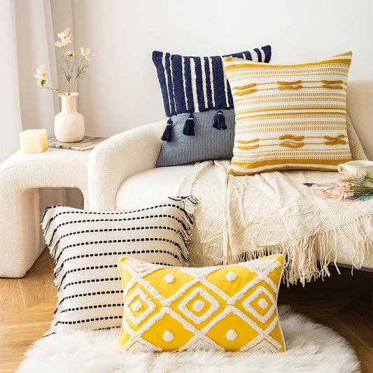 Boho Geometric Throw Pillow Cover – Striped & Textured Cushion Cover