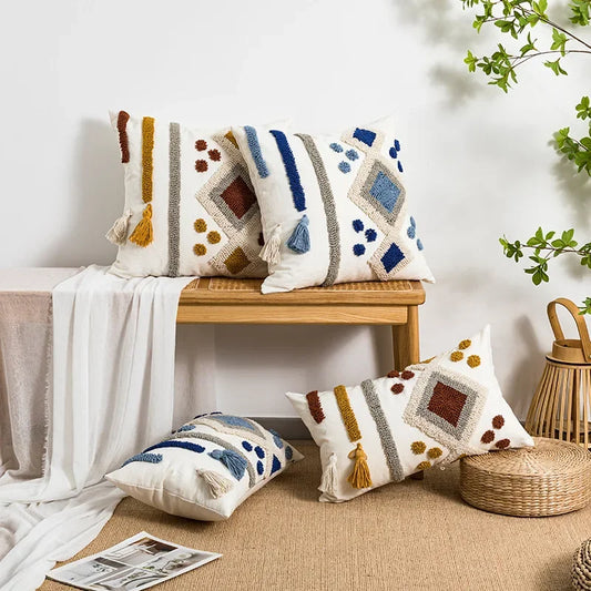 Boho Loop Tufted Cushion Cover – Handmade Cotton Canvas Pillow with Tassels & Embroidery