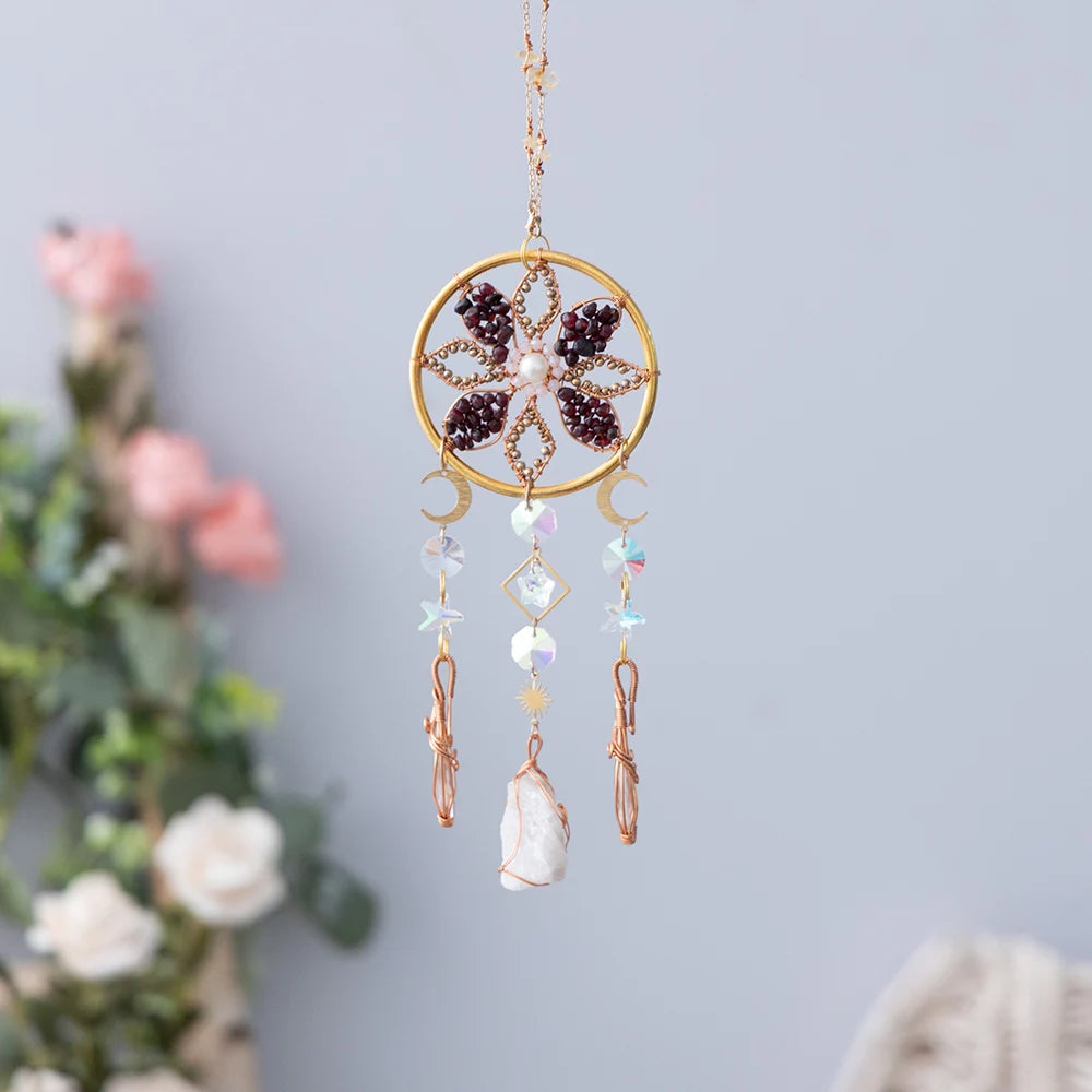Decorative flower  hanging charm with beads and crystals on a light gray background boho home decor, crystal wind chime, sun catcher for windows, moon prism chime, agate stone hanging, garden art decor, patio hanging decoration, boho housewarming gift, spiritual gift, crystal suncatcher, balcony decor, meditation decor, handmade crystal chime