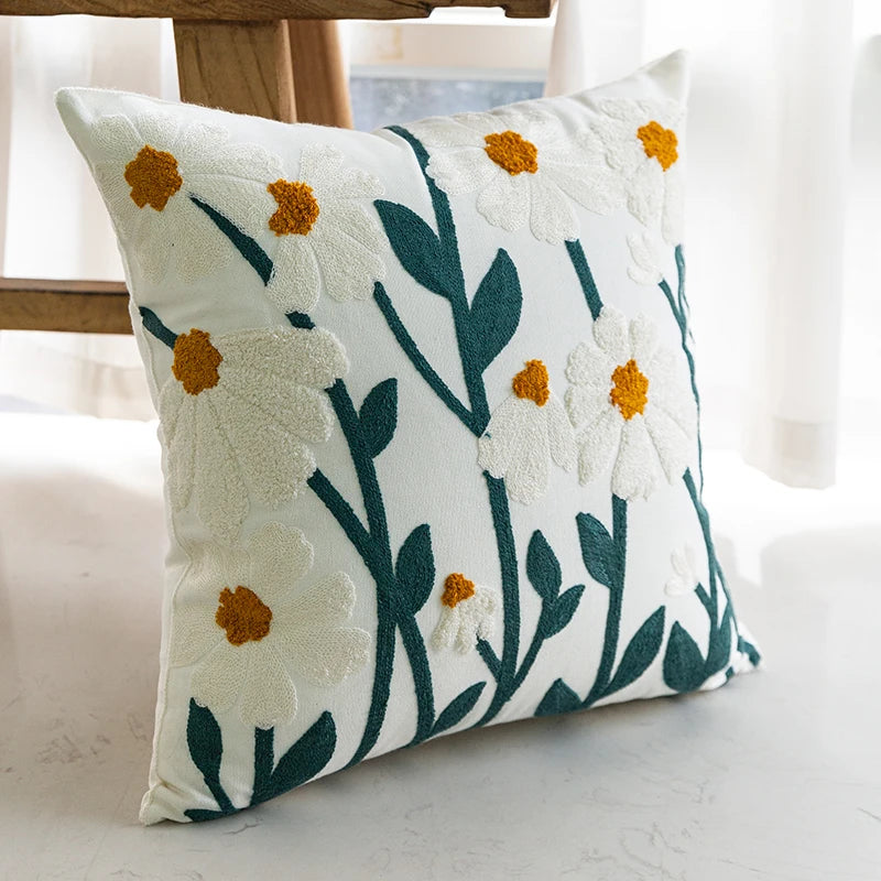 Nordic Floral Embroidery Pillow – Soft Cotton and Polyester Cushion for Sofa & Bedroom