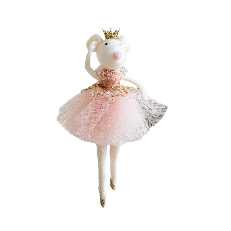 Stuffed animal mouse ornament in a pink ballet outfit with a crown on a white background