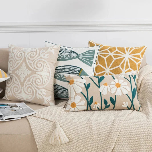 Cozy Embroidered Throw Pillow Cover – Nordic-Inspired Boho Home Decor Accent Four Pillows on a couch