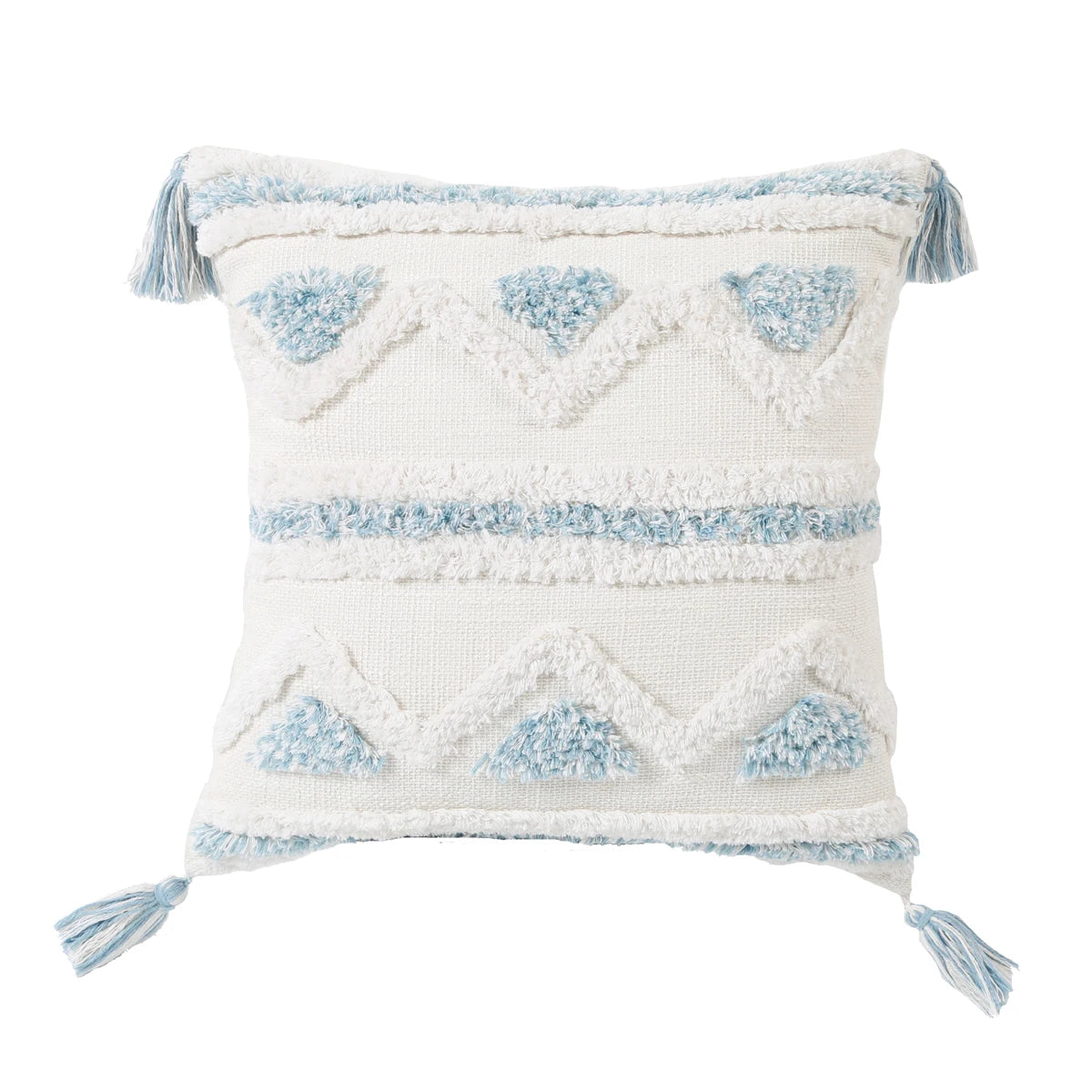 Blue Geometric Tufted Pillow Cover with Tassels – Boho Home Decor Housewarming Gift Accent for Couch, Bed & Living Room