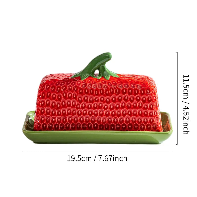 Strawberry-Shaped Ceramic Butter Dish with Lid – Cute Kitchen Storage Box