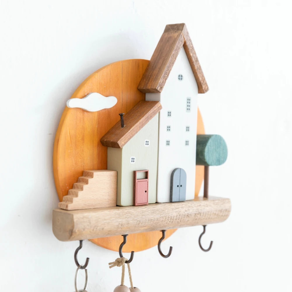 🏡 Fairytale Town Wall Hook Rack – Boho Wooden Key Holder & Decorative Village Scene Organizer
