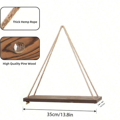 1Pc or 3Pcs Wooden Swing Hanging Hemp Rope Wall Shelf Mounted Floating Home Living Room Plant Flower Pot Tray Storage Garden Decoration Shelves Boho Home Decor Wall Art