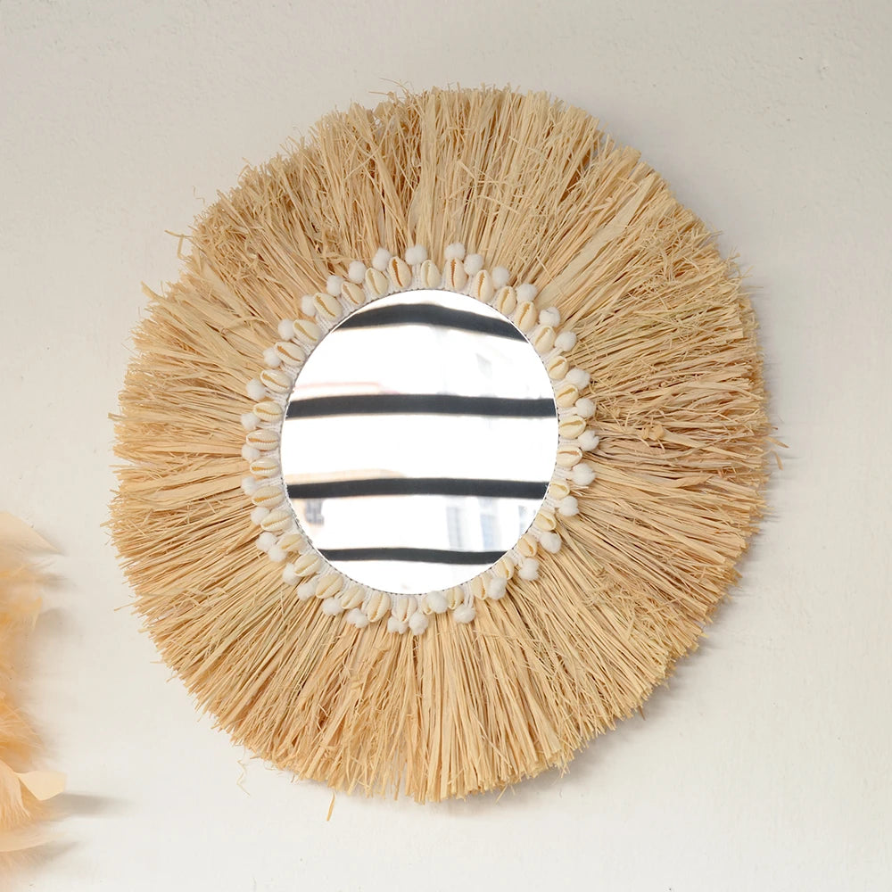 Round mirror with raffia frame and bead accents on a light background boho home decor, boho wall mirror, macrame wall mirror, nordic decor, romantic wedding wall decoration, housewarming gift, round straw mirror, woven wall decor, tapestry mirror, boho bedroom wall accent, rustic mirror wall hanging