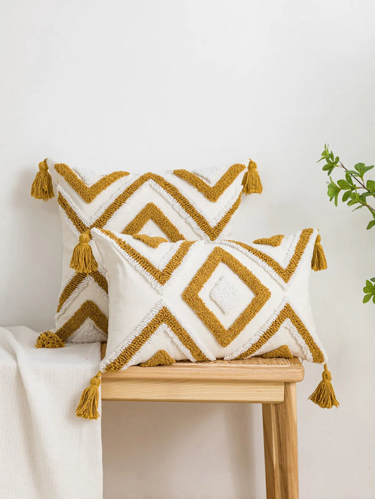 Geometric Diamond Pillow Cover with Tassels – Boho Home Decor Accent for Couch, Bed, or Chair Housewarming Gift